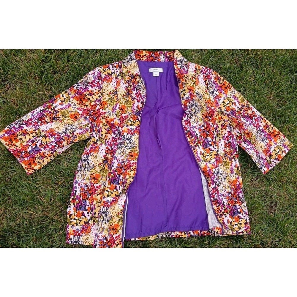 CJ Banks 2X Floral Print Blazer Jacket Purple Stretch Lined Cotton Artsy - Picture 6 of 8